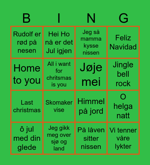 Minas julemusikkbingo Card