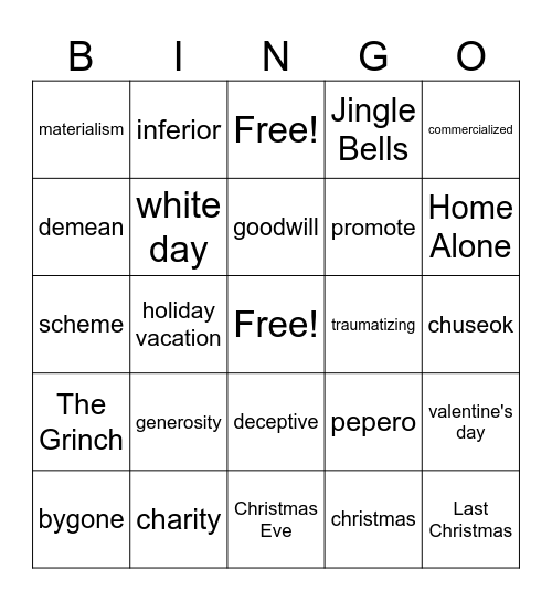 Holiday Commercialization Bingo Card