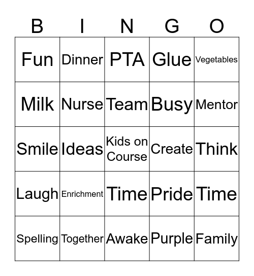 Kids On Course Bingo Card