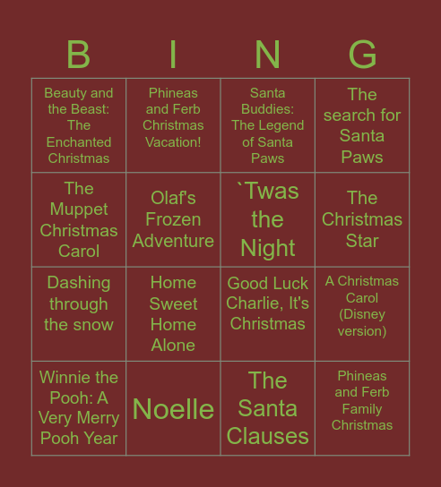 Disney Christmas specials/movie's Bingo Card