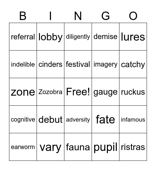 Vocabulary Review Bingo Card