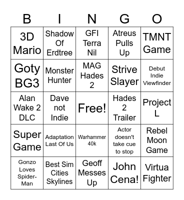 Game Awards Bingo Card