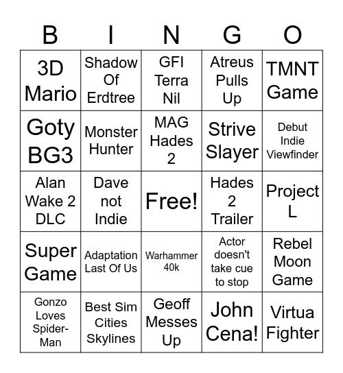 Game Awards Bingo Card