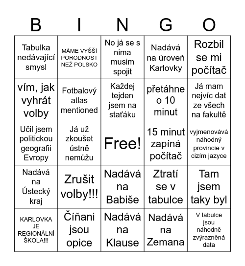 Bongo Jirky Tomeše Bingo Card