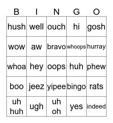 Interjection Bingo Card