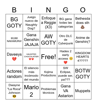 Game Awards 2023 jeje Bingo Card