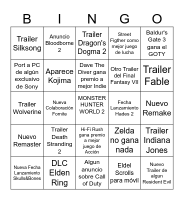 Game Awards 2023 Bingo Card