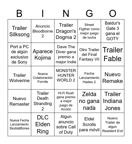 Game Awards 2023 Bingo Card