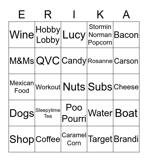 ERIKA'S BRIDAL SHOWER Bingo Card