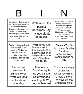 Christmas Prompts Bingo Card