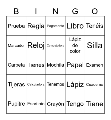 Classroom Objects/Tener Conjugations Bingo Card