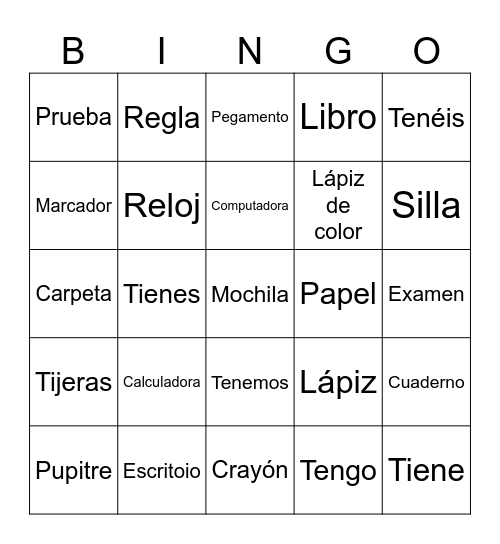 Classroom Objects/Tener Conjugations Bingo Card