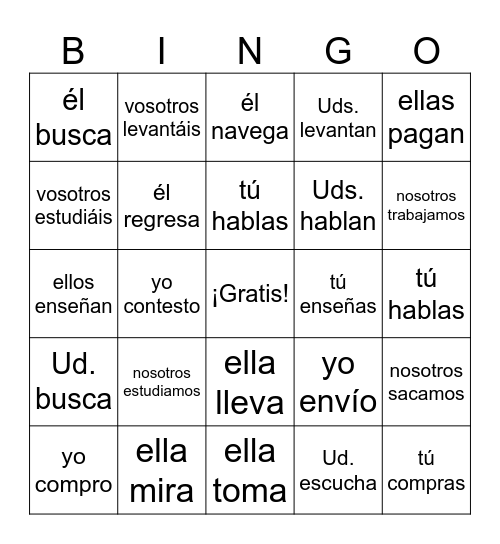 Verbos -ar Bingo Card