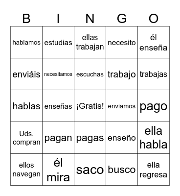 -ar verbs Bingo Card