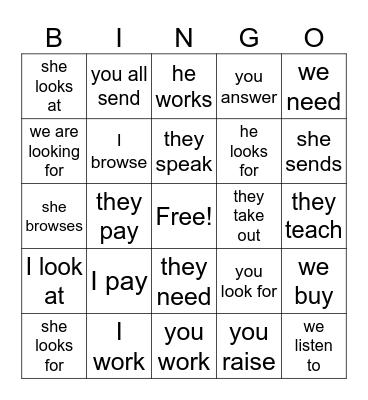 -ar verbs Bingo Card