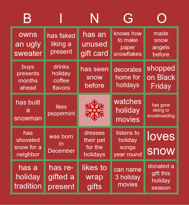 Virtual Holiday Bingo Card