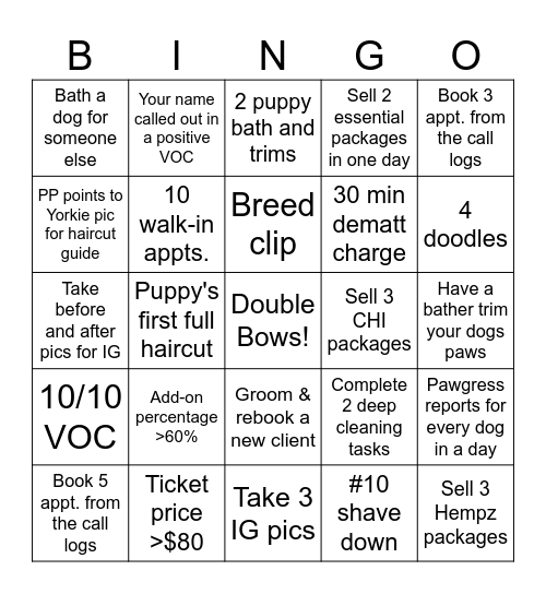 Holiday Groomer BINGO Card