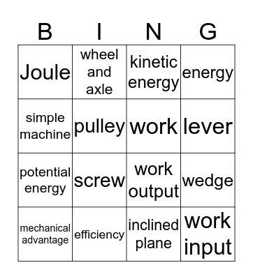 Work and Machines Bingo Card