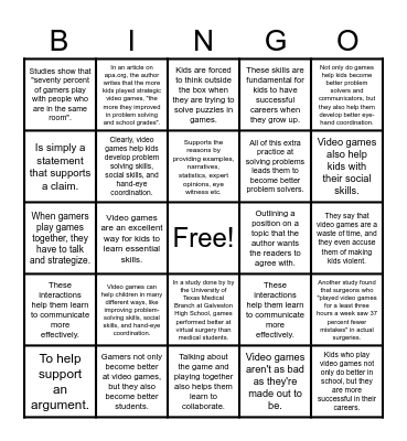 Finding Arguments & Claims Bingo Card