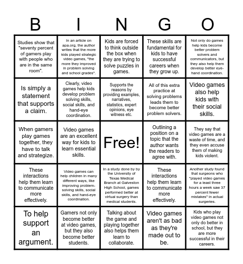 Finding Arguments & Claims Bingo Card