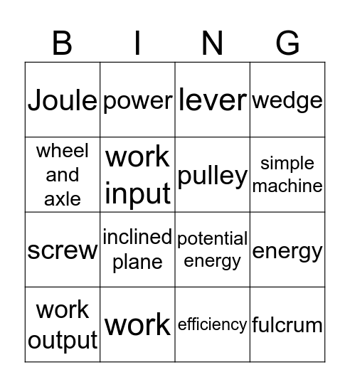 Work and Machines Bingo Card
