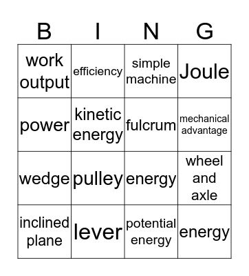 Work and Machines Bingo Card