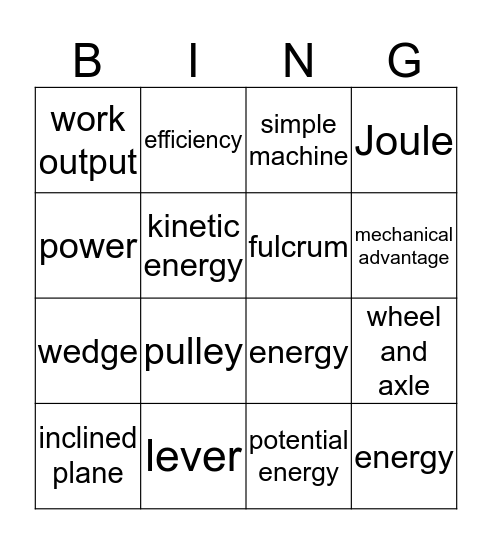 Work and Machines Bingo Card