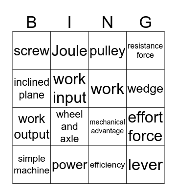 Work and Machines Bingo Card