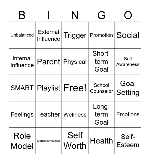 Mental Health Unit Review Bingo Card