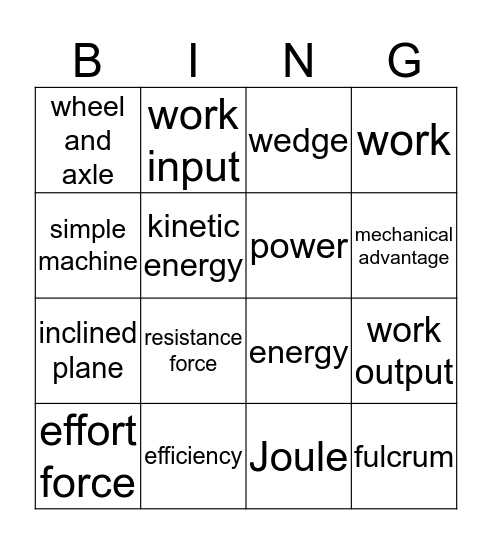 Work and Machines Bingo Card