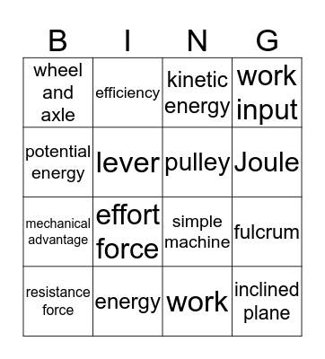 Work and Machines Bingo Card