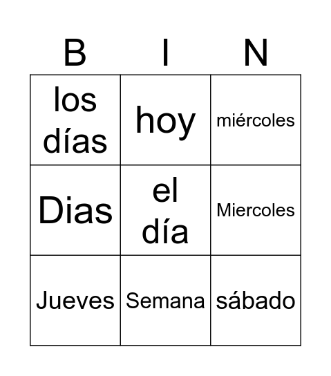 Los días de la semana Bingo Card