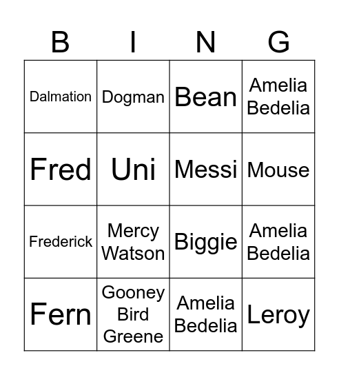 Book Character Bingo Card