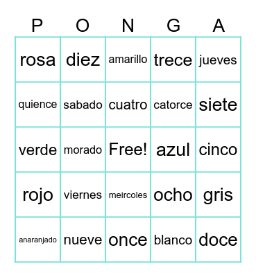 Español Ponga Bingo Card