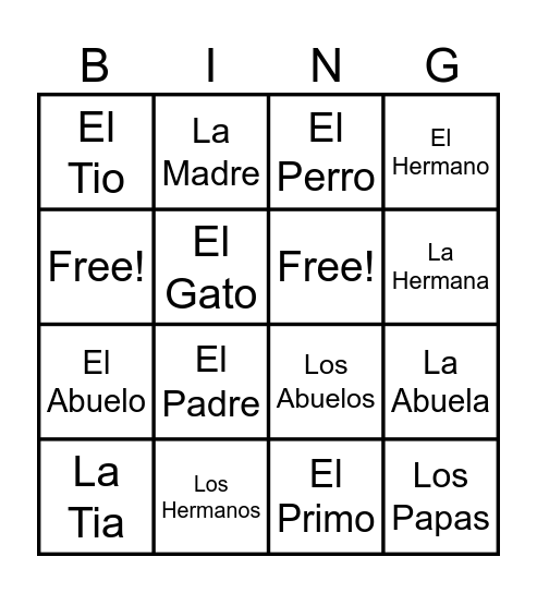 La Familia Bingo Card