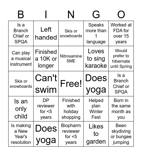 ONDP Winter Fest Bingo Card