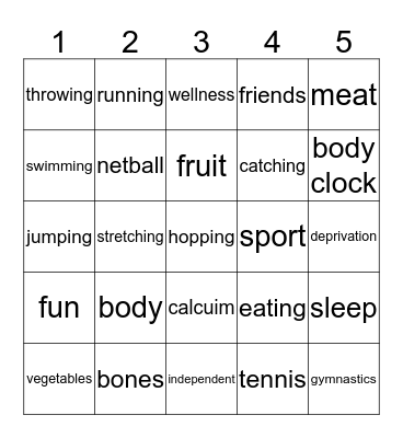 health and nutrition Bingo Card