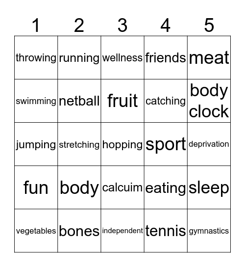 health and nutrition Bingo Card