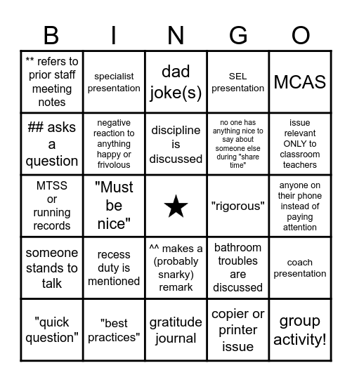 Staff Meeting Bingo Card