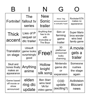 Game Awards Bingo Card Bingo Card