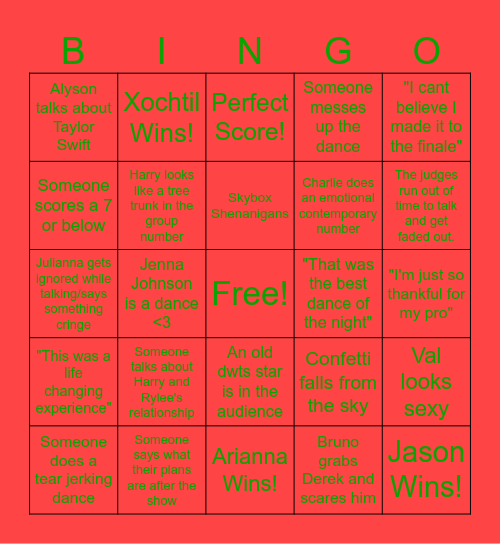 DWTS Finale 32 Bingo Card