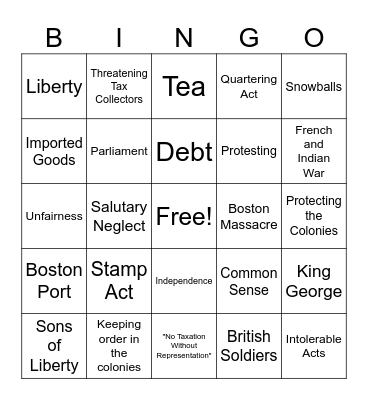 Loyalist Patriot Debate Bingo Card