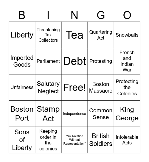 Loyalist Patriot Debate Bingo Card