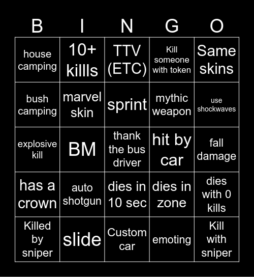 Fortnite Bingo Card