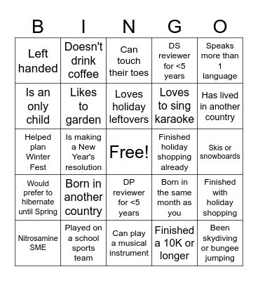 ONDP Winter Fest Bingo Card