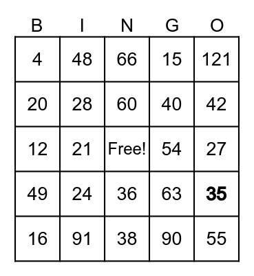 Multiplication Bingo Card