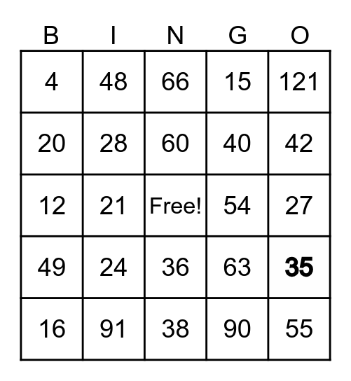 Multiplication Bingo Card