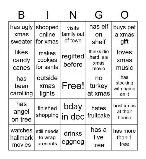 STRHS Xmas bingo Card