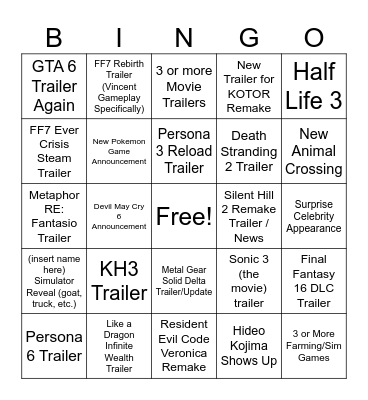 Game Awards Card Bingo Card