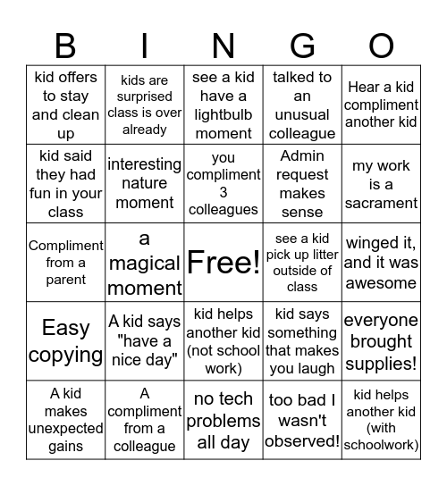 Positive School Bingo! Bingo Card